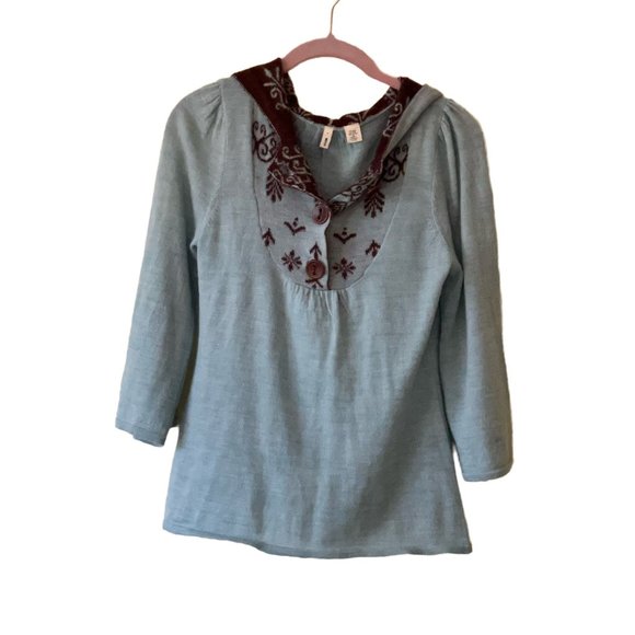 Anthropologie Sweaters - Anthropologie Moth Blue & Brown Hooded Hoodie Sweater Folkloric Cottage M Scandi